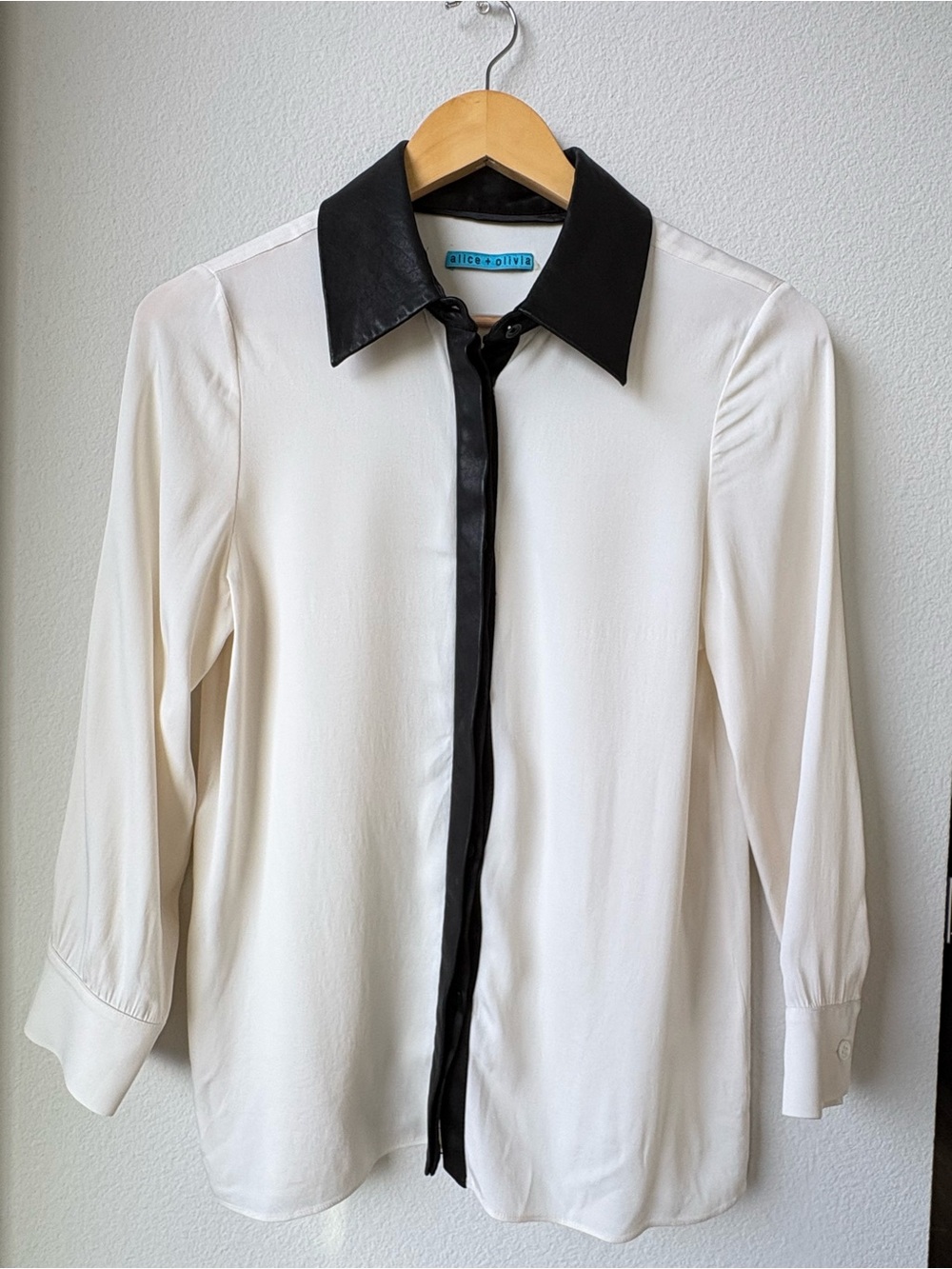 Alice + Olivia White Blouse with Black Leather Collar